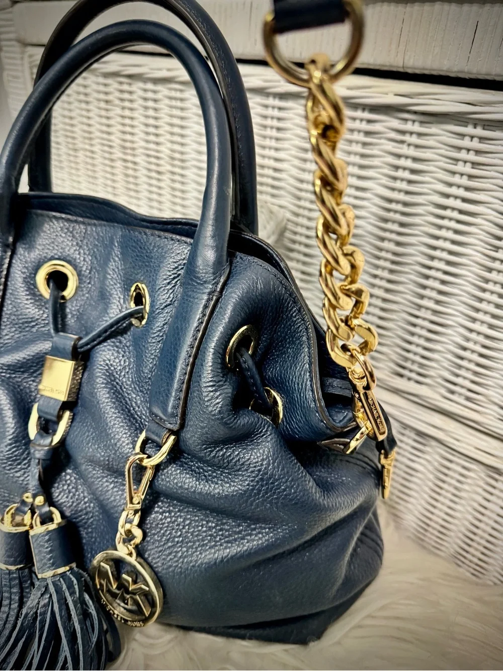 Michael Kors Navy Leather Satchel with Tassel and MK Charm - Picture 2 of 8